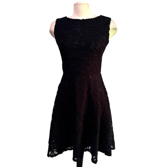 Tiana B Textured Lace A Line Dress Sz 4 Womens Navy Blue Knee Length Sheer Sleev - Picture 3 of 12